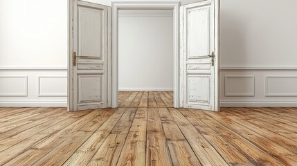 Empty room with antique white doors, light, wood floor