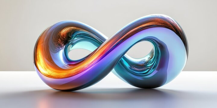 Shiny metallic infinity loop sculpture with reflective blue, purple, and orange hues on a smooth surface