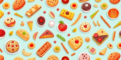 Seamless pattern of various breakfast pastries, lunch items, and restaurant food icons, surface pattern, repeat