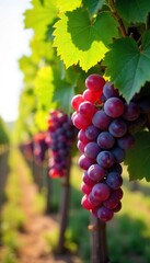 Sun-drenched rows of ripening grapes hanging heavy on the vine, ready for harvest  Lush green leaves frame the vibrant fruit, promising a rich vintage ,  drink,  green,  vineyard rows