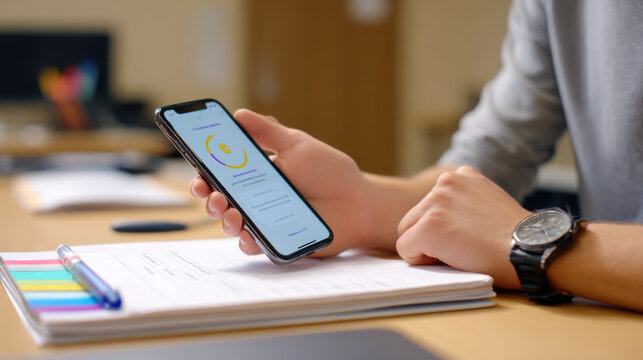 Person holding smartphone displaying colorful app interface, sitting desk with notebook and pens, well lit office environment, suggesting work or study activity, with focus technology