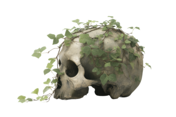 Human skull wrapped in green ivy vines - symbol of nature and mortality, cut out