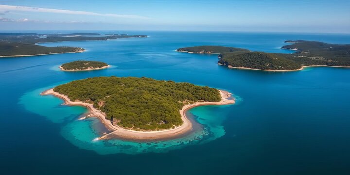 Serene aerial of San Simon Island, Ria de Vigo; emerald waters, lush greenery, aerial view, peaceful