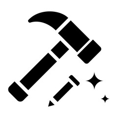 Hammer and Nail Fill Icon. Black and White Work Tool Symbol