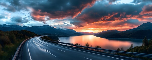 Panoramic sunset landscape with winding road, mountain silhouettes and dramatic cloudy sky