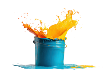 Vibrant orange and yellow paint splashing from blue bucket, cut out