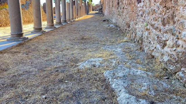 Ruins of the ancient Roman port city of Siedra in Alanya, Antalya, Turkey. The street and ruins of the ancient abandoned ancient city of Siedra on the Mediterranean coast. 4К