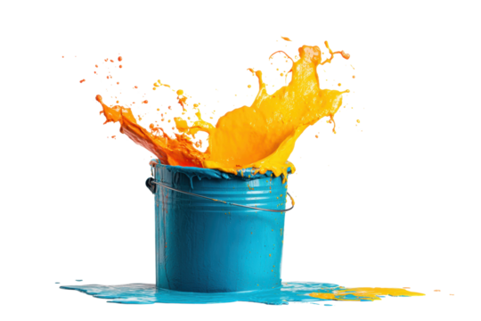 Vibrant orange and yellow paint splashing from blue bucket, cut out