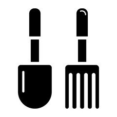 Rake and Shovel Garden Tool Fill Icon. Black and White Shovel Symbol