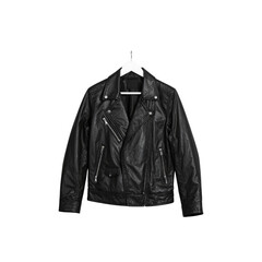 Stylish black leather motorcycle jacket on hanger cool on transparent background