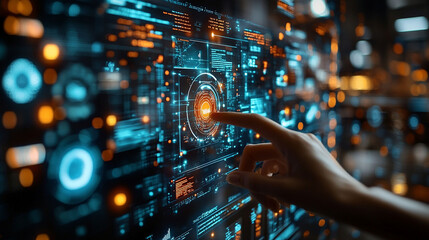 Hand interacting with futuristic holographic interface. (1)