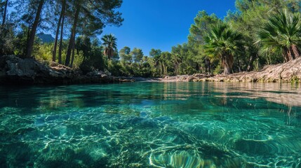 Obraz premium Clear turquoise water in a tropical forest paradise on a sunny day. Perfect for travel brochures or promoting ecological awareness.