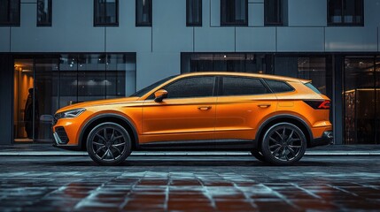 Obraz premium Sleek orange modern SUV parked on wet city street in front of reflective glass building at night