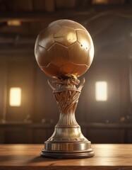 Golden football trophy gleams on rich wood, sunlit ,  still life,  first place
