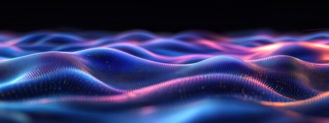 Smooth undulating waves composed of glowing vibrant blue and purple light patterns creating a flowing digital landscape with warm light reflections