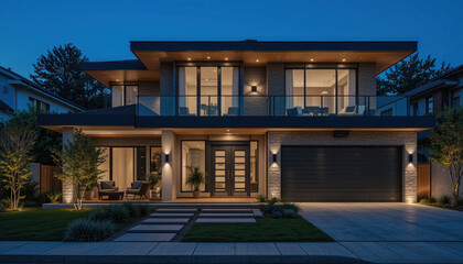 Obraz premium Luxurious Modern House Exterior with Lush Green Lawn and Driveway 