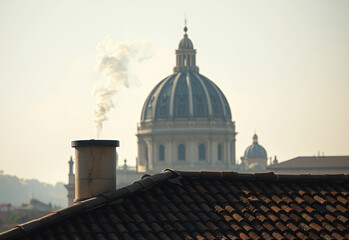 Smoke rising from a chimney with a domed building in the background