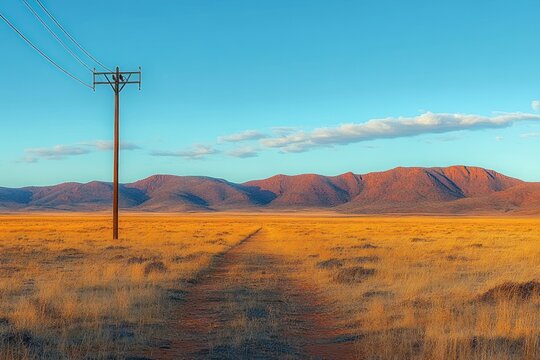 A lone power pole stands in a vast golden dry grass field with a narrow dirt path leading towards distant reddish mountains under a clear blue sky
