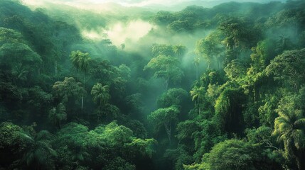 Fototapeta premium Dense tropical rainforest covered in mist with various green trees and rolling hills visible in the background creating a peaceful and natural atmosphere