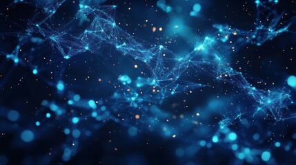 Abstract digital network with glowing blue nodes connected by fine lines on a dark background with scattered orange particles, evoking a sense of complexity and connectivity