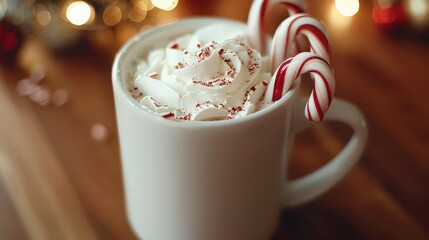 A white mug filled with whipped cream and candy canes on a wooden surface with bokeh lights