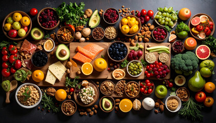 AI Bountiful Harvest of Mixed Fruits, Vegetables, and Fish