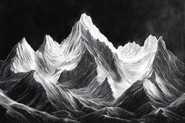 Monochrome detailed drawing of snow-covered mountain peaks under a dark sky evoking a dramatic and majestic natural landscape