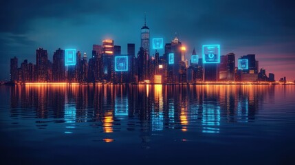 Night city skyline reflecting on water with glowing futuristic blue digital interface elements overlaying buildings