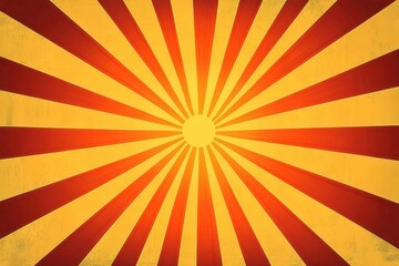 Fototapeta premium Radiant sunburst pattern with alternating dark red and orange rays emanating from a central yellow circle on a textured background, creating a vibrant and energetic mood