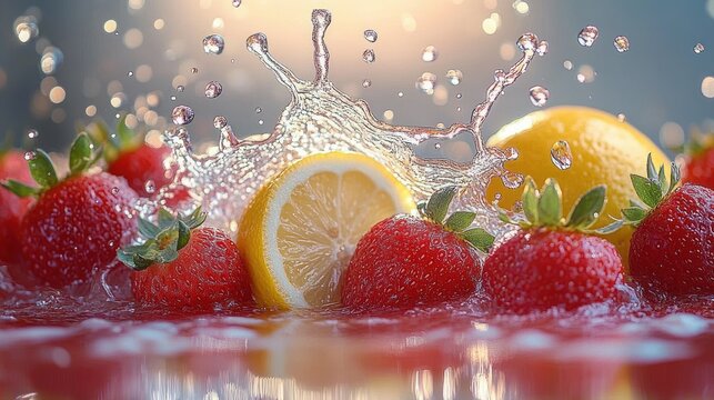 Fresh strawberries and lemon slices splashing into clear water with droplets flying and a bright background - Powered by Adobe