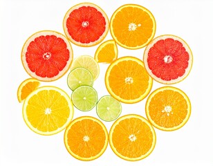 Vibrant Citrus Slices Arranged in Spiral Pattern with Water Droplets on Isolated White Background