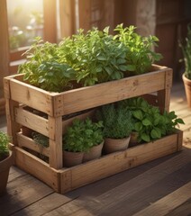 Wooden crate, assorted potted culinary herbs, sunlit setting,  food,  detail,  plants