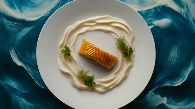 Elegant Culinary Presentation of Salmon with Creamy Sauce and Greens
