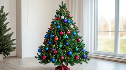 Brightly decorated Christmas tree with colorful baubles and twinkling lights in a cozy living room with a glowing fireplace, festive presents under the tree, and a snowy window view.