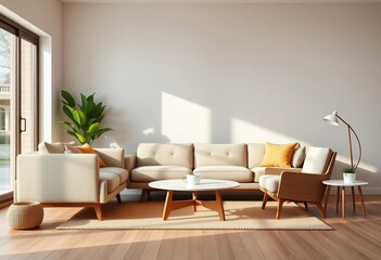 Low profile sofa & armchair in minimalist mid-century modern living room,  home,  texture
