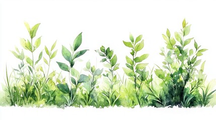 Watercolor painting of green leafy plants and grass with various shapes and shades of green on a white background