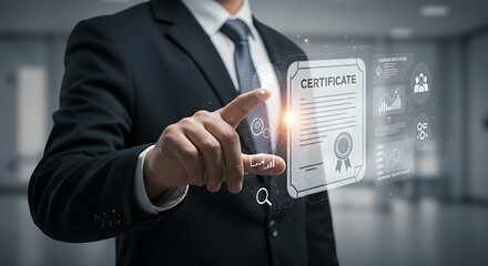 Businessman Interacting with Digital Certificate: Modern, Clean Design