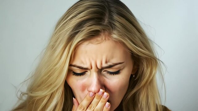 Woman grimacing in reaction to smelling her own bad breath, concept of halitosis