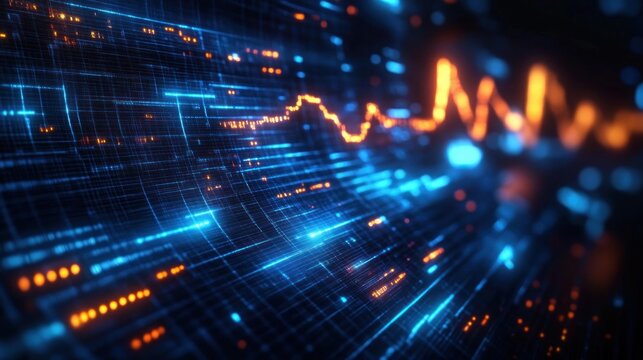 abstract digital data visualization featuring glowing blue and orange lines and dots resembling a fluctuating graph on a curved grid background