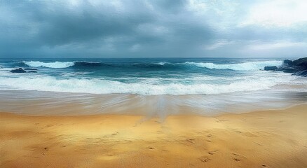 Calm beach scene with gentle waves approaching golden sandy shore under a cloudy sky with distant horizon and rocky outcrops