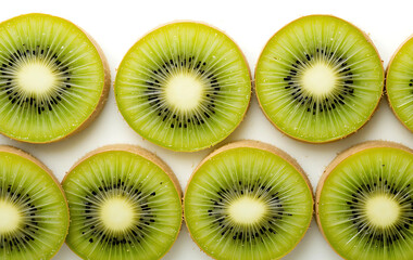 Fototapeta premium A row of kiwi slices arranged in a line across a white surface, high-resolution macro.