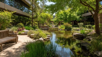 Tranquil Office Garden Space with Walking Trails and Shaded Benches