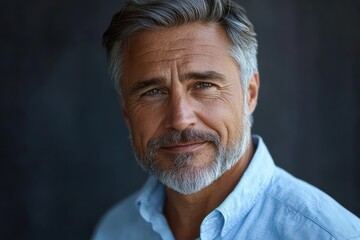 Obraz premium smiling mature man with salt and pepper hair and beard wearing a light blue shirt against dark background expressing confidence and warmth