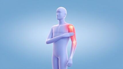3D Abstract Character with Joint Pain Highlighted in Shoulder and Arm Showing Red Glow in Medical Health Concept Illustration on Clean Gradient Background