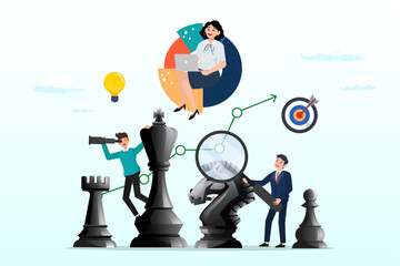 Business people help analyse strategy management chess pieces, strategy management, success planning or solution development, business improvement or growth analysis, intelligence insight information