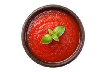 Fresh tomato sauce with basil in wooden bowl, cut out