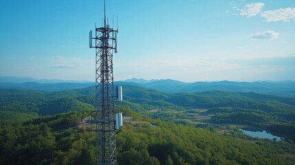 Clean aerial view of cell tower inspection under a bright blue sky, showcasing modern infrastructure and maintenance work for telecommunications