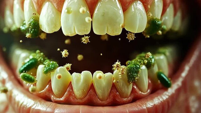 Chaotic bacteria and food particles around teeth in oral hygiene animation concept