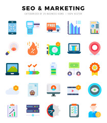 SEO & MARKETING Flat icons collection. Flat icons pack. Vector illustration