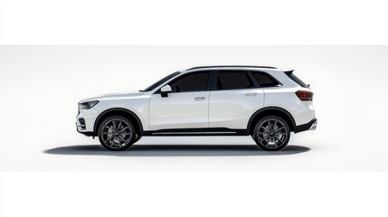 Fototapeta premium side view of a modern white SUV car with tinted windows and black wheels on a white background